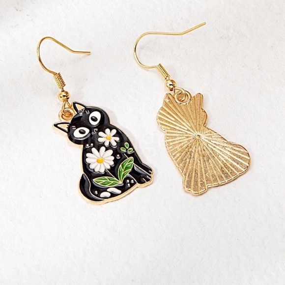 Cat Kitty Flower Shape Gold Tone Dangle Drop Earrings Black - Picture 2 of 5